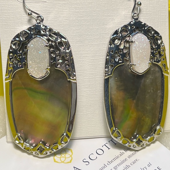 NWT Kendra Scott Deva Earrings Black Pearl Iridescent Drusy & Silver SUPER RARE - Picture 10 of 16